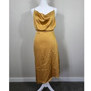 21SIX Couture Luxury Gold Satin Cowl Neck Asymmetrical Midi Slip Dress Small